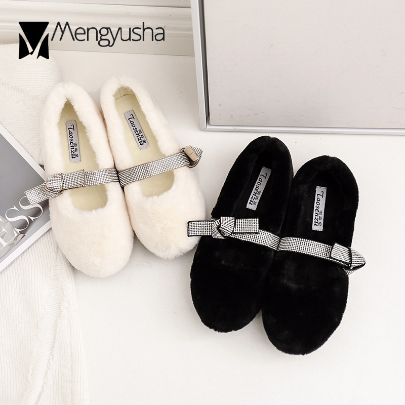 47c81 Cashmere Flats female crystal bow-knot fur loafers cotton women shearg mary jane shoes woman plush rhie moccasins