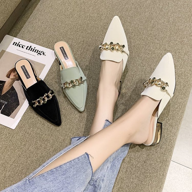 Women Mules Pointed Toe Low Heels Chain Fashion Office Ladies Fashion Pumps Sandals Shoes Autumn PU Office Footwear oiu9drt