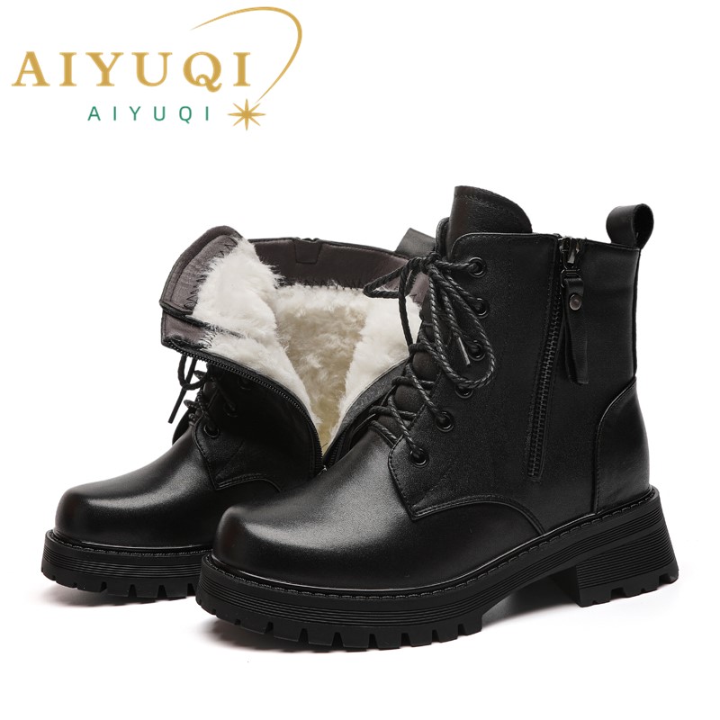 AIYUQI Women's Boots Winter Shoes Genuine Leather Large Size Women's Ankle Boots Fleece Warm Student Shoes Snow Boots Ladies
