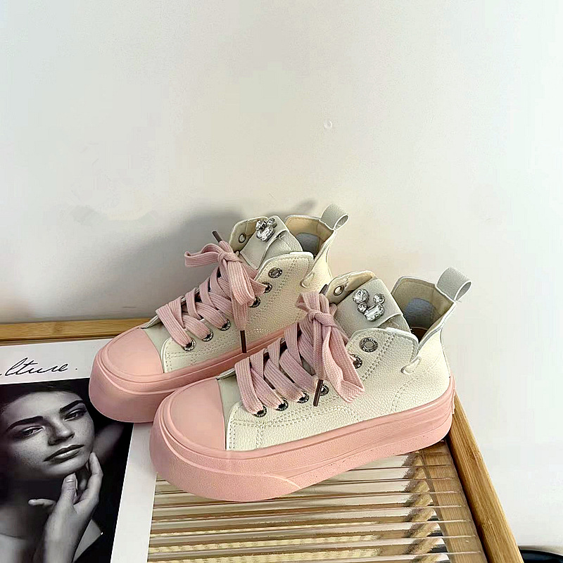 Women's Korean High Top Pink Thick Soled Canvas Shoes