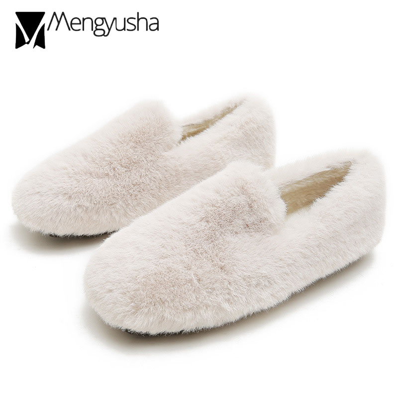 f6ba3 size 34-43 big furry flats casual design winter cotton shoes anti-slip rubber creepers cozy warm plush loafers for women