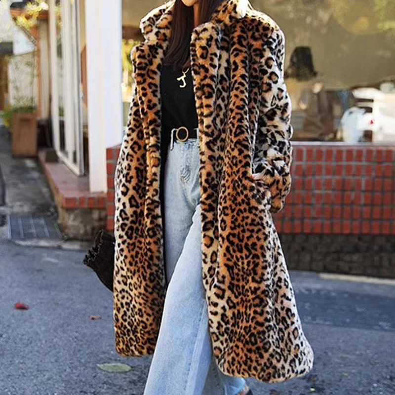 Winter Warm Turn Down Collar Leopard Print Faux Fur Long Coat Tops For Women Jackets Casaco Feminino 240830