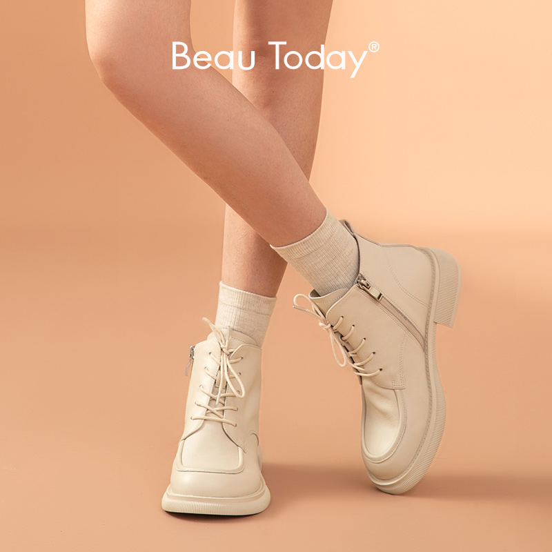 Ankle BeauToday Boots Women Genuine Cow Leather Sewing Round Toe Cross-tied Side Zipper Low Heel Casual Female Shoes 04211 f07e