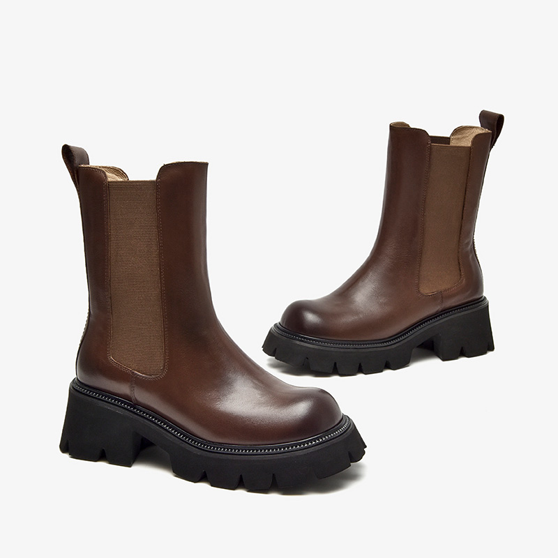 Ankle BeauToday Boots Platform Women Calfskin Leather Round Toe Elastic Band Thick Sole Ladies Shoes Handmade 02396 c278