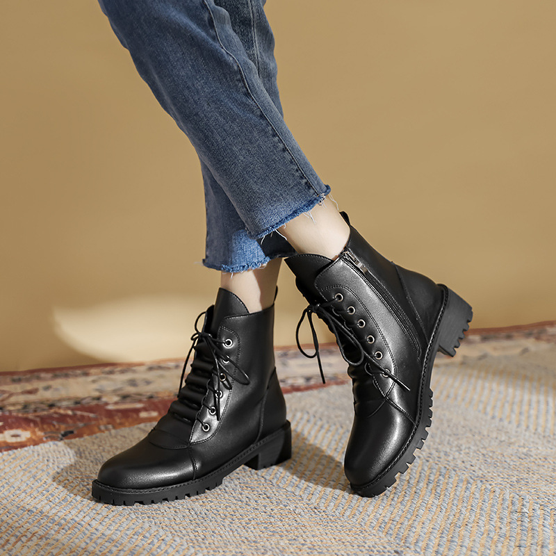 designer pleasted new leather ankle boots thick heels short riding botas lace up rubber booties for women 5d07