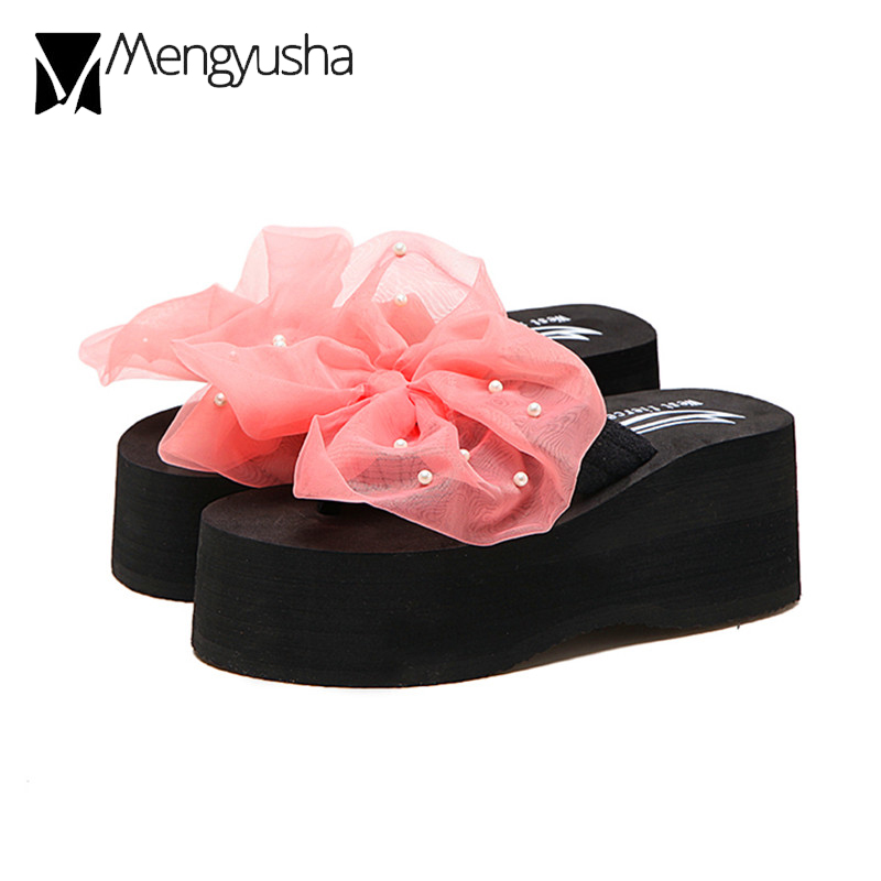butterfly-knot Big flipps girls summer sweet lace bow-knot platform New sandals women handmade pearl wedges slippers 10 colors