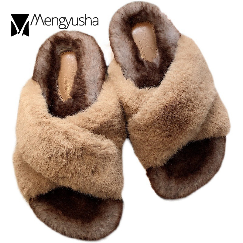 Cross Celebrity Band Fur Slippers Quality Women New Winter Shoes Warm Plush Pantuflas Thicken Soled Mixed Colors Fleeces Slides Mujer