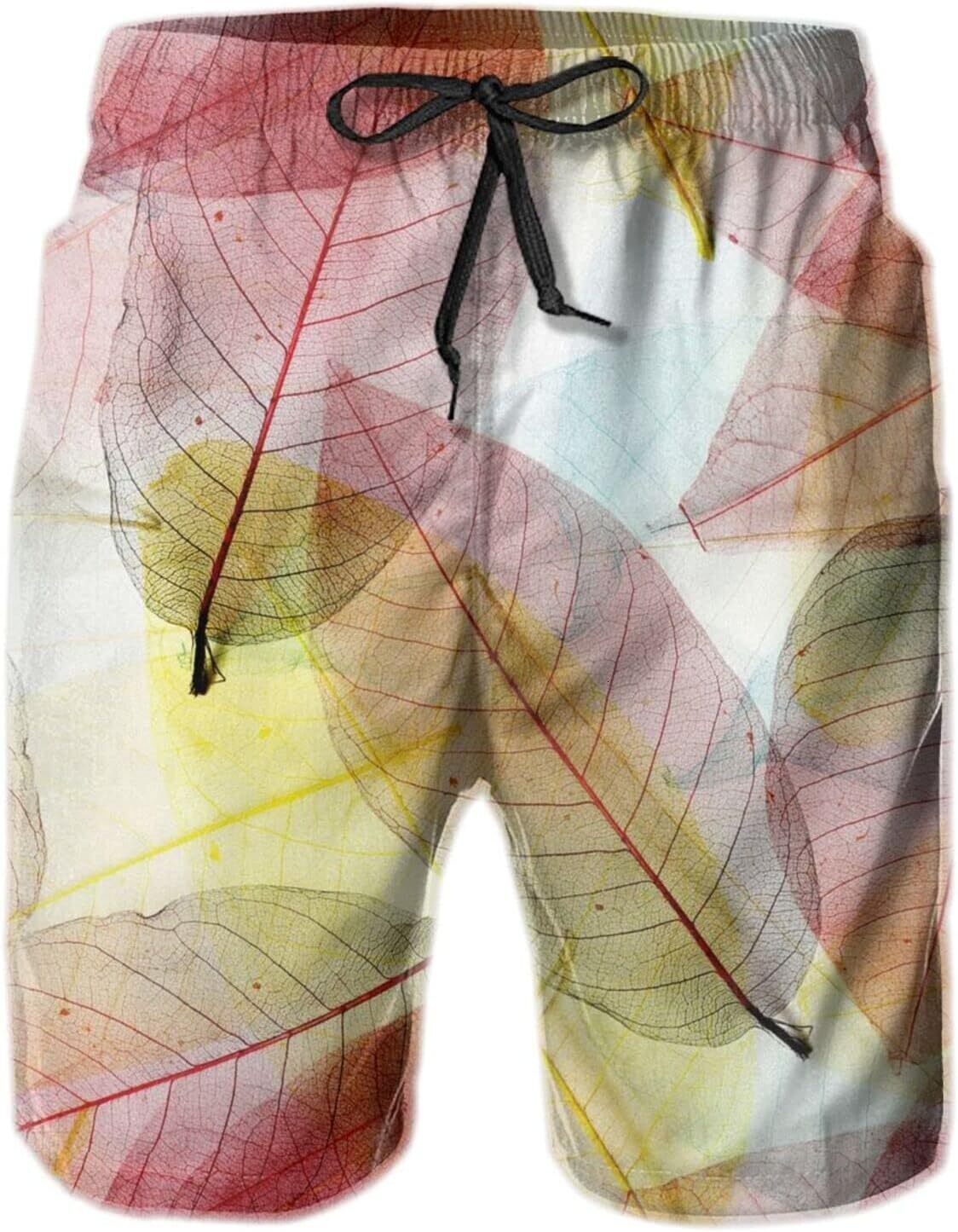 Mens Shorts 3D Printed Pattern Transparent Leaves Swim Trunks Quick Dry Stylish Beach Board Swimwear
