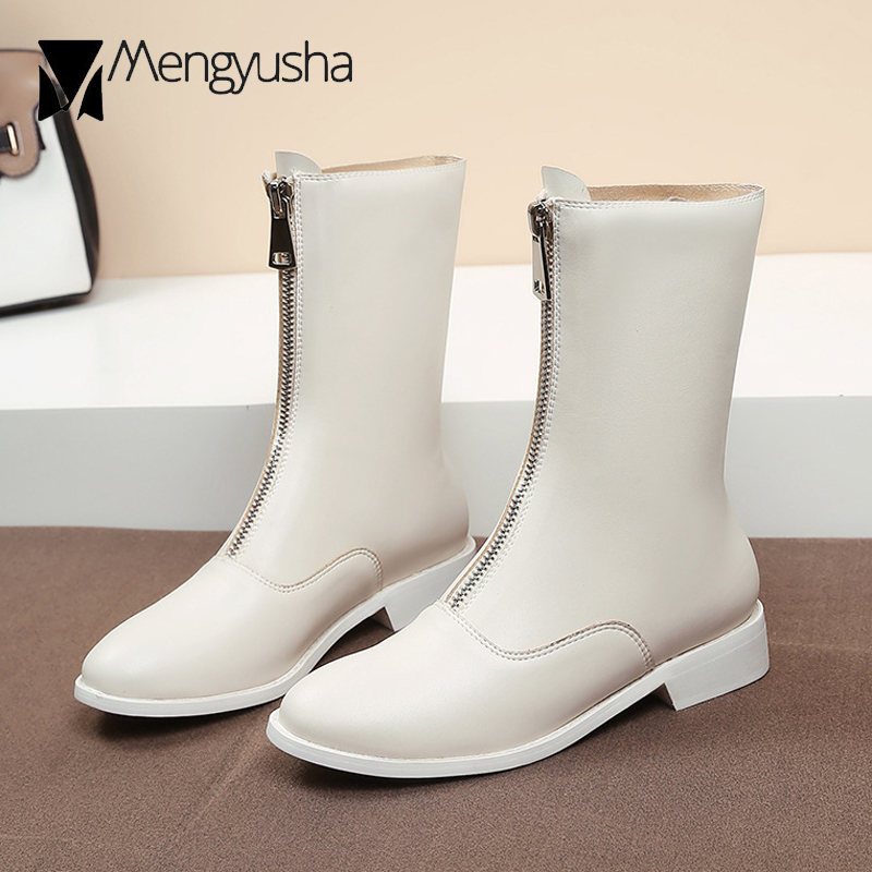 Zipper Women Brand Front Zip Closure Short Boots High Top Mid-Calf Motorcycle Botas Plush Winter Footwear Snow Booties 5be5