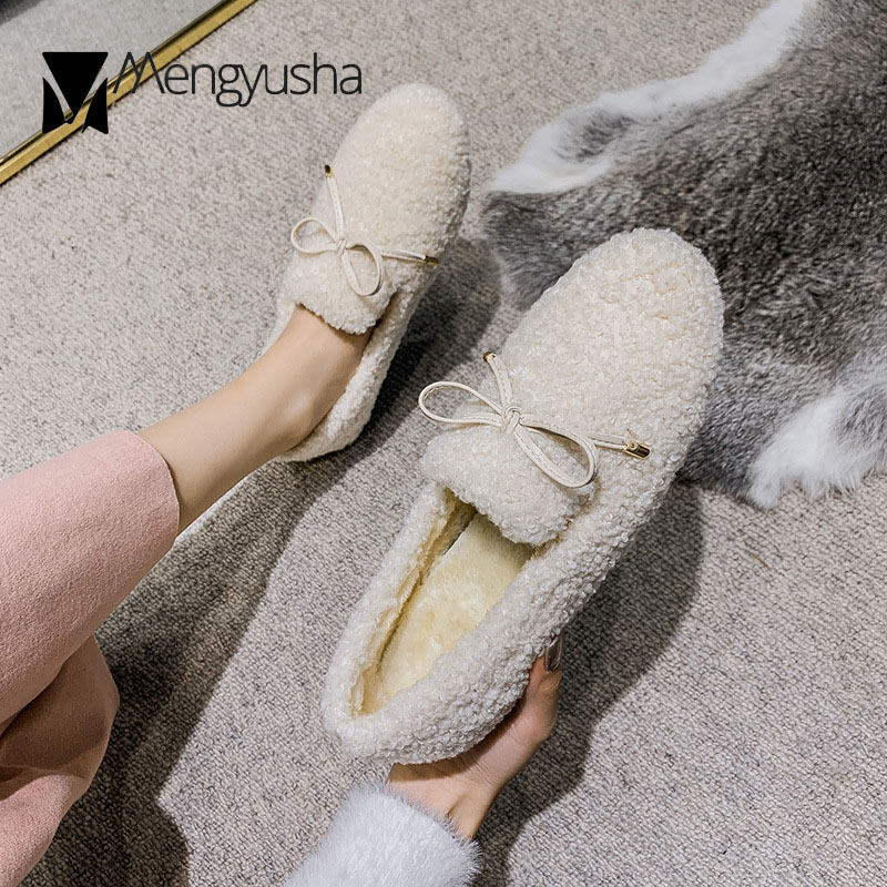 fur a46ca flats lamb Butterfly-Knot woman furry wool moccasins ballerina winter cotton shoes for women warm plush fleeces loafers ry