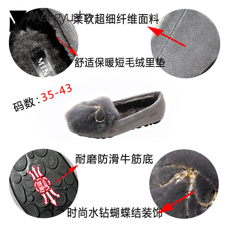 Woman Real rabbit fur c896e flats crysatl metal bow-knot furry moccasins warm plush ladies winter shoes big size 35-43 cotton loafers ry