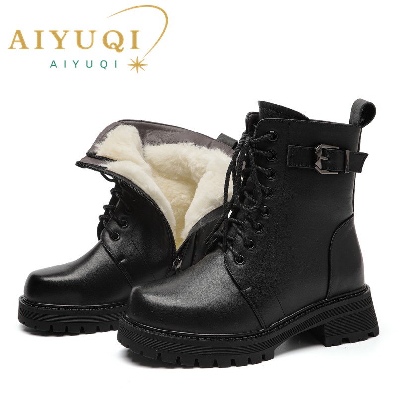 Women's AIYUQI Winter Shoes Large Size Genuine Leather Women Snow Mom Thickened Wool Warm Combat Boots Ladies b58e