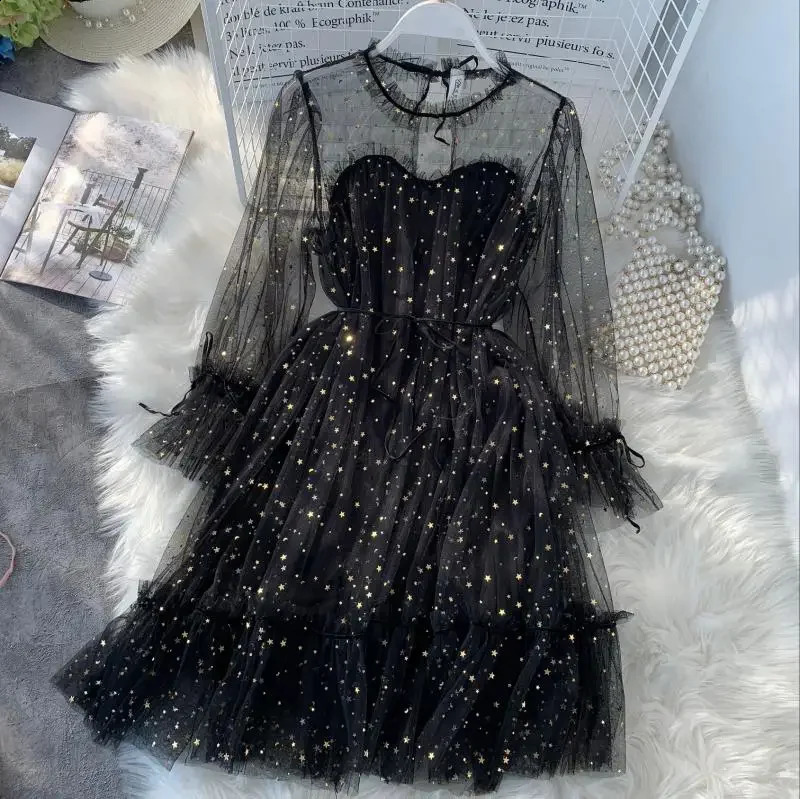 Spring Autumn Female Oneck Stars Sequined Mesh Shiny Fairy Dres Elegant Bling Gauze Princess Puff Dresses 240902