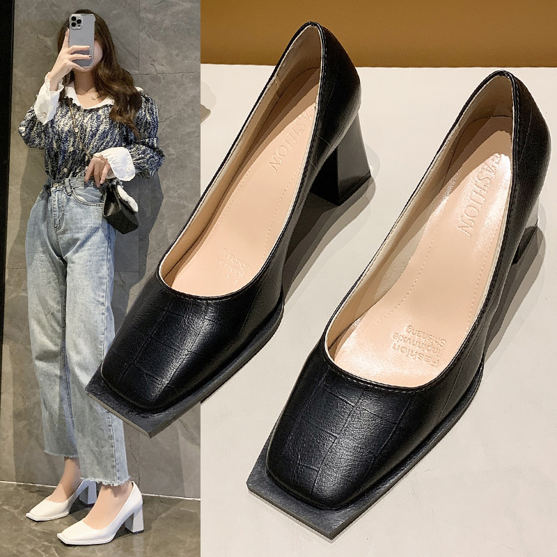 stone leather pattern designer 3a87e high heels women square toe shallow mouth white pumps 2023 new spring chaussure femme talon