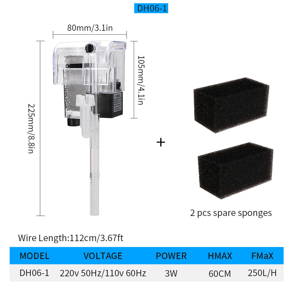 Fish Tank Filter Wall-mounted Waterfall External Filter Fish Tank Oxygen Pump with 2 Filter Cotton for 5~10 Gallon Aquariums