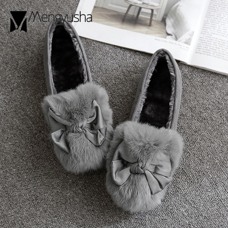 rabbit Butterfly-Knot eb11d flats fur woman winter fleeces moccasins antiskid pregnant shoes women soft bottom cotton loafers female