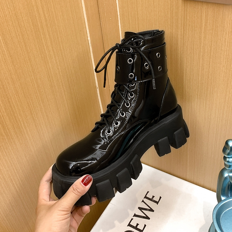 Women Designer Chunky Winter Shoes PU Leather Ankle Black Female Boots Fashion Platform Motorcycle Booties 8594