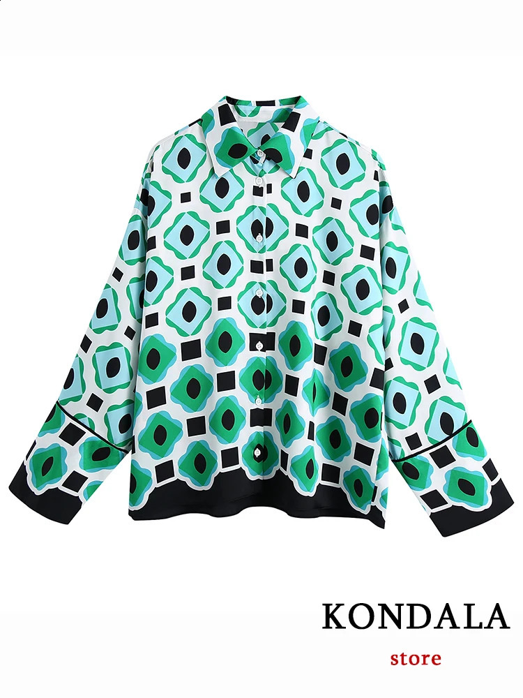 Kondala Geometric Printed Retro Womens Set Autumn Fashion Ultra slim Shirt and High Waist Wide Leg Pants Womens Set 240902