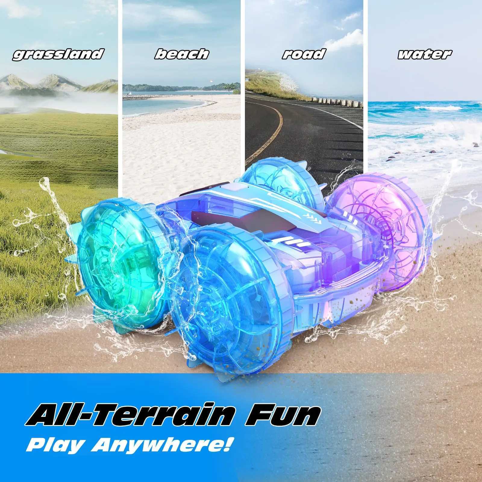 Amphibious Remote Control Car for Kids4WD Cars Waterproof Remote2.4GHz RC Boat with LED Lights60 Min of Play Free shipping