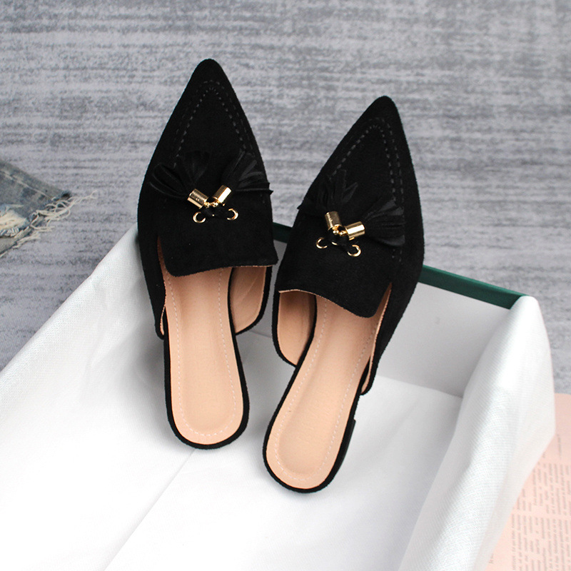 Toe Pointed Fringe slippers flat heel suede leather slides 36-43 plus size tassel sandals women semi-traig shoes 93f