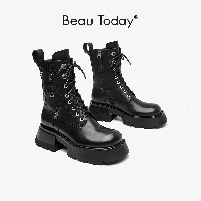 Platform BeauToday New Ankle Boots Women Genuine Calfskin Cross-tied Side Zip Metal Decoration Ladies Booties Handmade 03520 d18e
