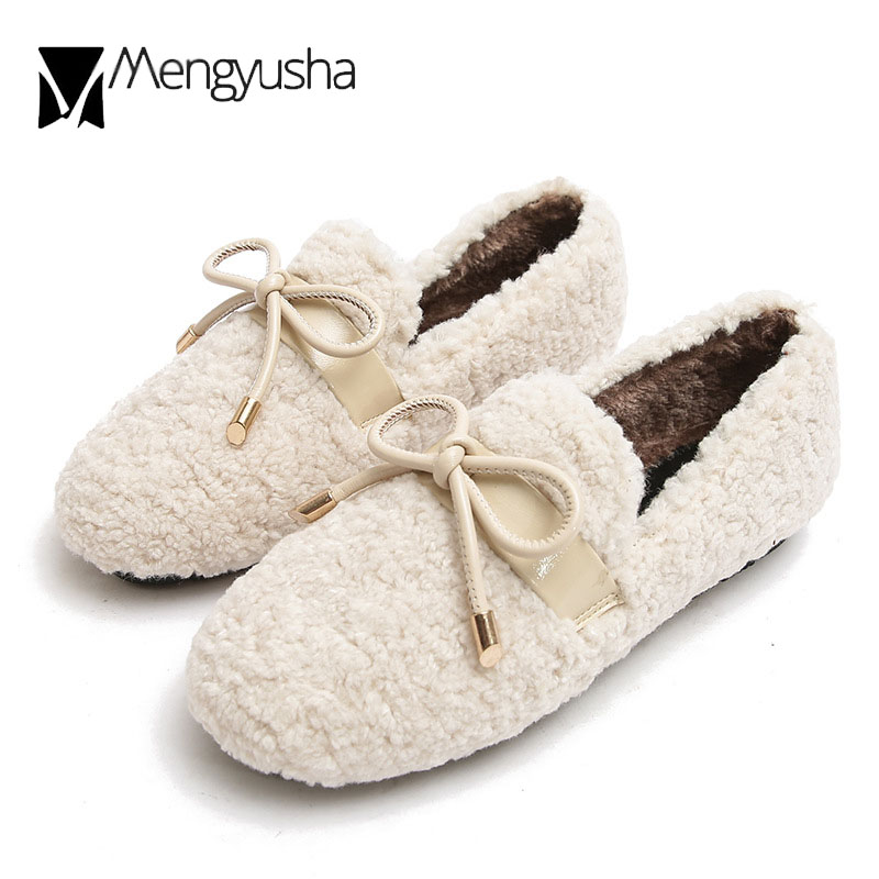 woman cf0c3 plush moccasins Butterfly-Knot fur flats slip on loafers female winter cotton plus size lambswool ballet shoes women cott