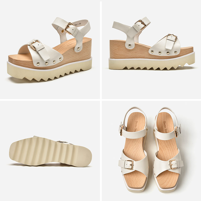 Sandals BeauToday Women Genuine Calfskin Block High Heel Buckle Decor Platform Jagged Sole New Summer Ladies Shoes Handmade 38179 34c4