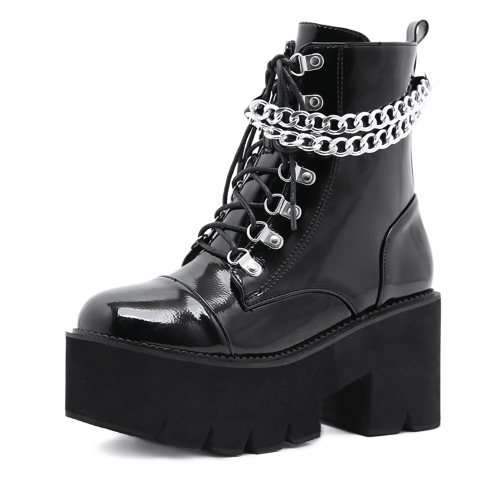 New Sexy Chain Women Leather Autumn Boots Block Heel Gothic Black Punk Style Platform Shoes Female Footwear Patent leather