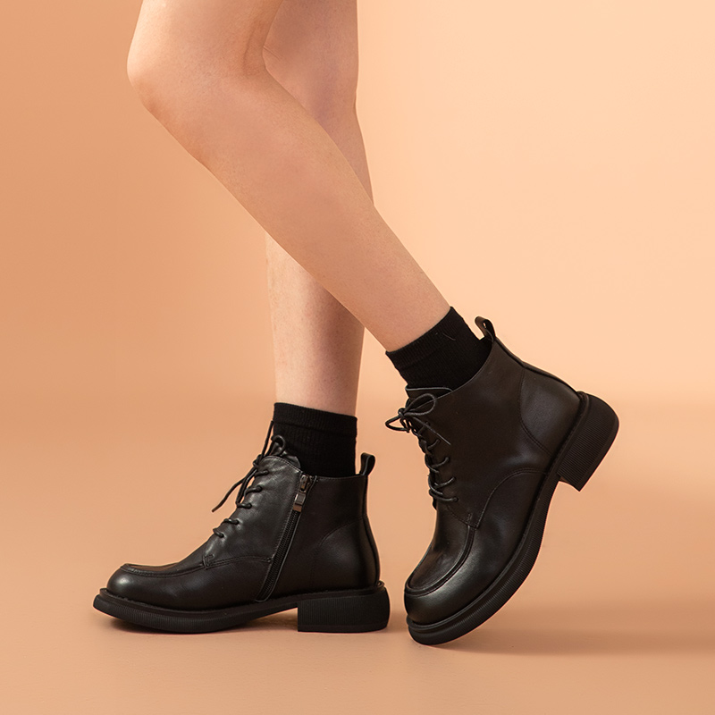 Ankle BeauToday Boots Women Genuine Cow Leather Sewing Round Toe Cross-tied Side Zipper Low Heel Casual Female Shoes 04211 f07e