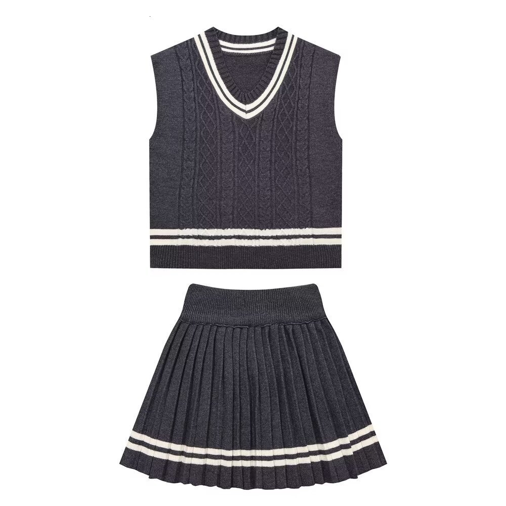 Pleated Short Skirt Style V-neck New Product Womens Clothing College Style Knitted Suit Autumn Contrasting Vest