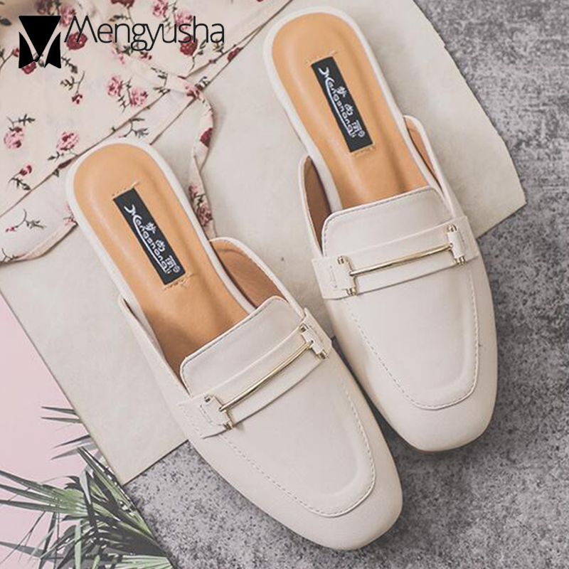 2023 square brand toe shoes woman metal decoration mules cozy flat heels sandals slip on pantufa slides women leather flip ps