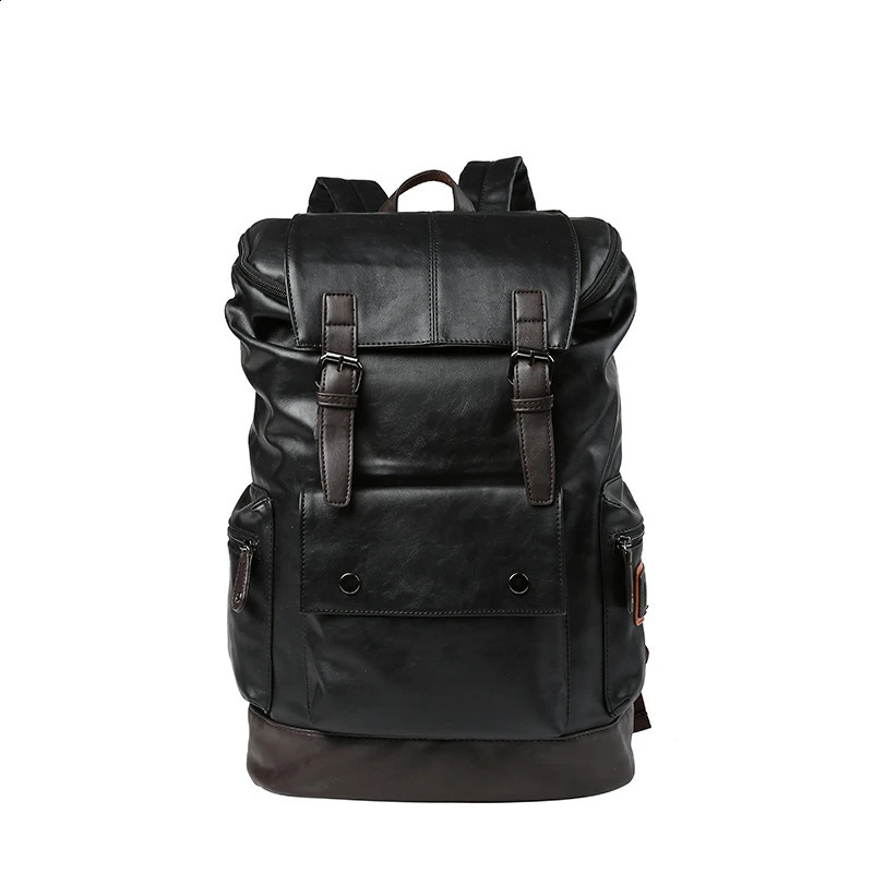 Leather Men Backpack Youth Large Capacity Travel Backpack Laptop School Bag Male Business Shoulder Bag Black 240902