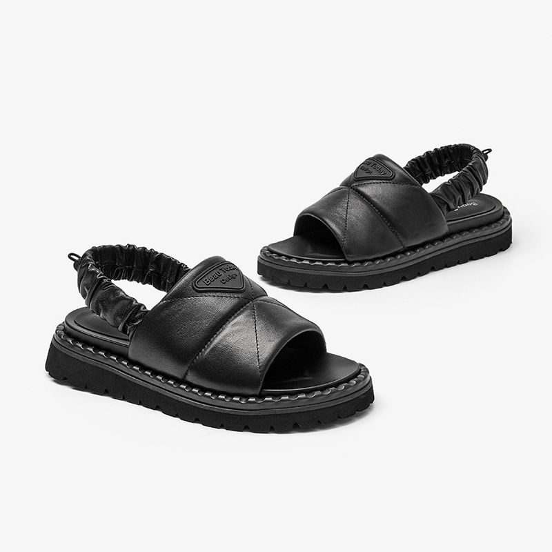 Leisure BEAUTODAY Sandals Women Genuine Leather Elastic New Band Back Strap Solid Flat Heel Beach Summer Ladies Shoes Handmade 34534 36f1