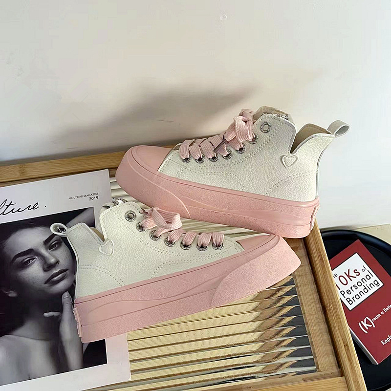 Women's Korean High Top Pink Thick Soled Canvas Shoes