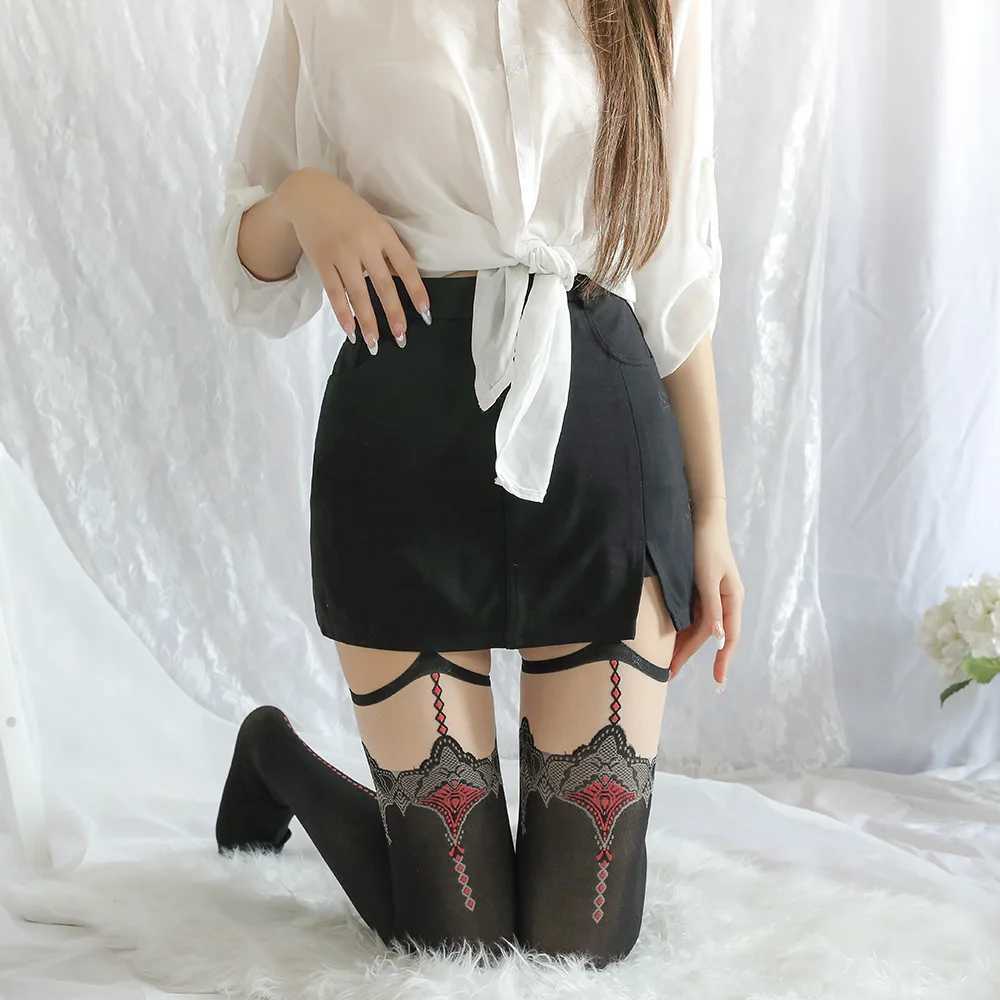 Socks Hosiery Sexy Black Garter Socks Women Open Crotch Thigh-high Silk Stockings Female Suspender Garter Belt Long Socks Red Line Pantyhose Y2408330X