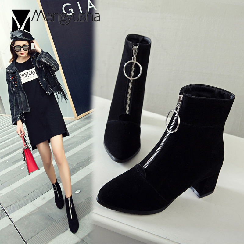 zipper Veet front mid-calf short booties women winter plush warm shoes botas big size 42 43 thick heels ladies riding boots f604