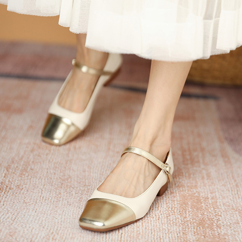 new 2023 deisgner 3de91 mary janes shoes for woman gold leather patchwork ballet flats square toe ankle strap loafers women moccasins