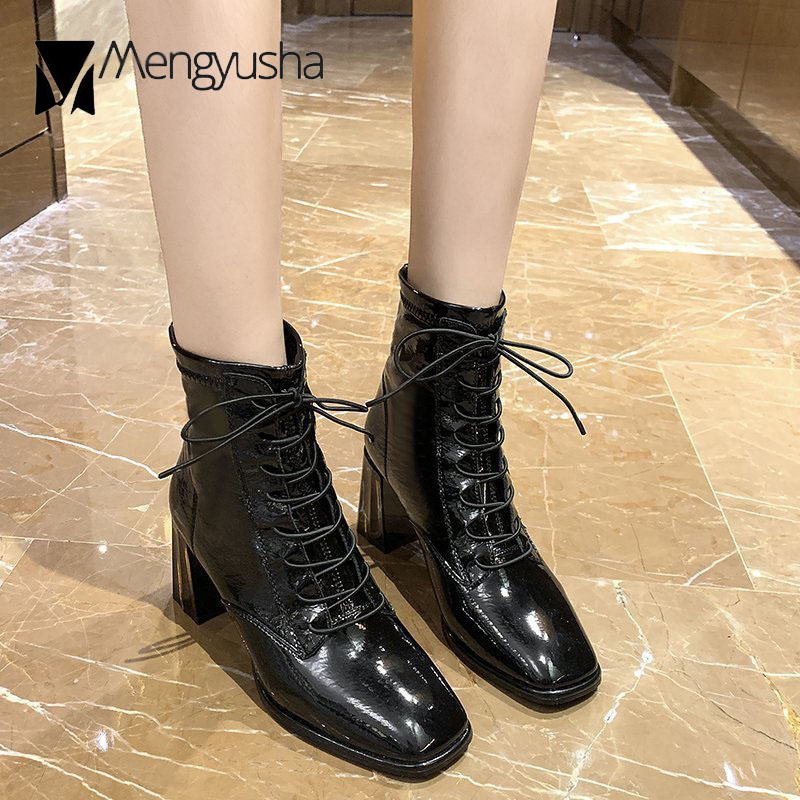 Japanned leather Shiny riding boots women winter shoes thick high heels short botines mujer square toe lace up knight botas 9085