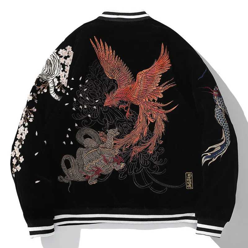 Men's Jackets Thicken Bomber Jacket Men Dragon Phoenix Animal Embroided Jbaseball Ackets Winter Japanese Retro Outwear Warm Velvet Coat 2022 Y240