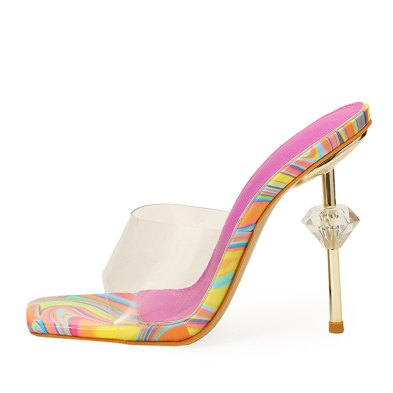 New Liyke Fashion Chic Strange High Heeled Slippers Ladies Color Square Toe Summer Sandals PVC New Transparent Shoes Women Sliders 83fc