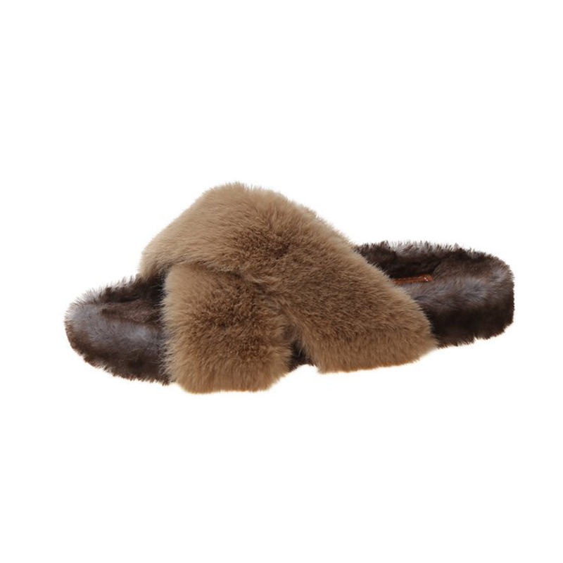 design new winter fur slippers women double band plush slides female cross furry home shoes flipps ladies hairy slipper ry