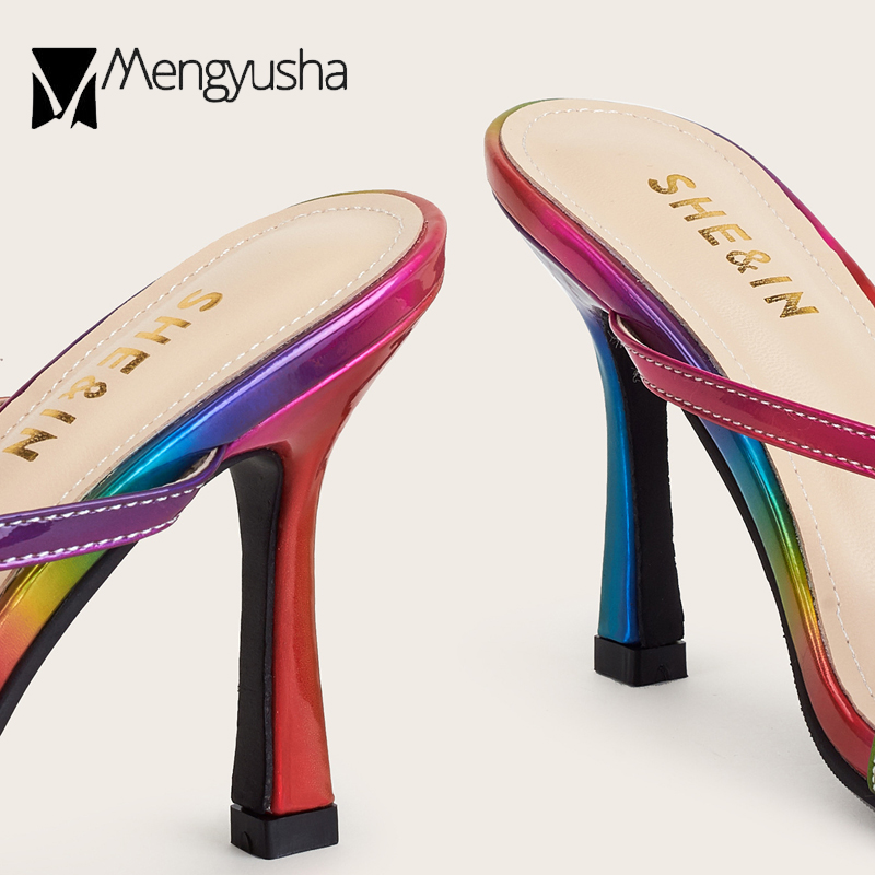 2025 new Size Big 41/42 Rainbow Sandals Woman Clip Toe Shoes Narrow Band Flipps Colorful Slippers Ladies Thin High Heel Slides Catwalk
