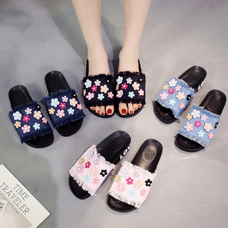 pearl slippers wer sweet crystal denim slides anti-skid women flats all match femme 2019 summer flip ps casual shoes 84d