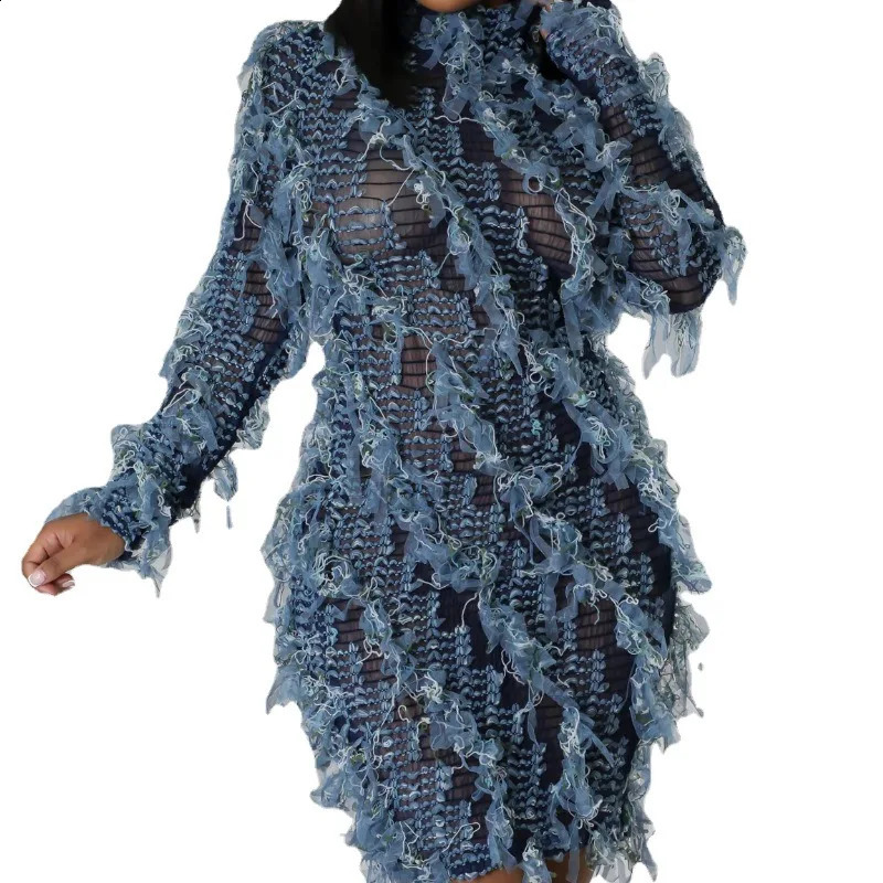 Patchwork Mesh Tassel Womens Tight Mini Dress Elastic Turtle Neck Long Sleeve Slimming Fashionable Club Party Dress Y2K Street Clothing 240902