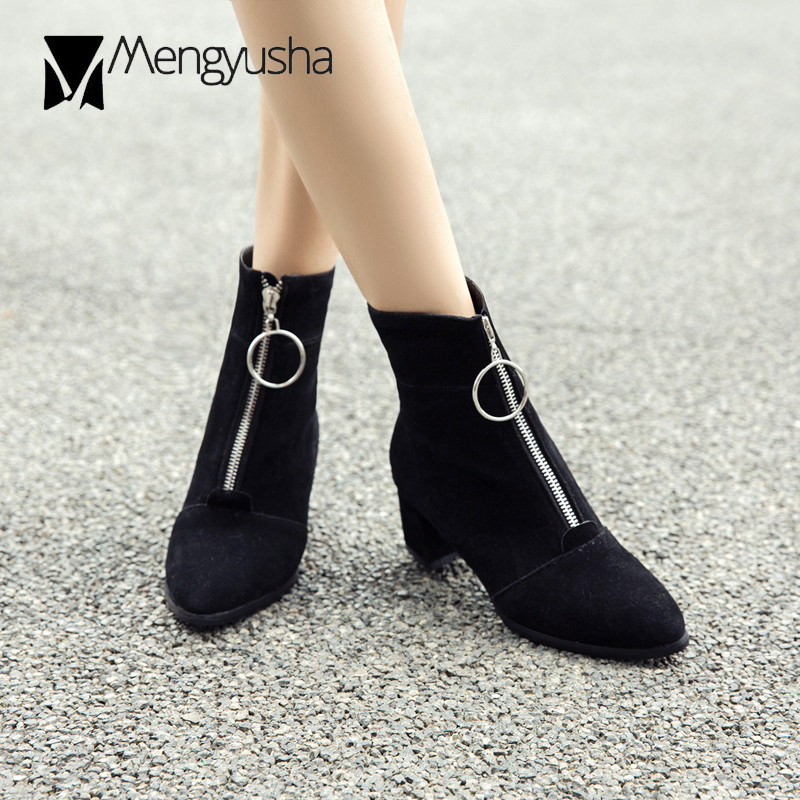 zipper Veet front mid-calf short booties women winter plush warm shoes botas big size 42 43 thick heels ladies riding boots f604