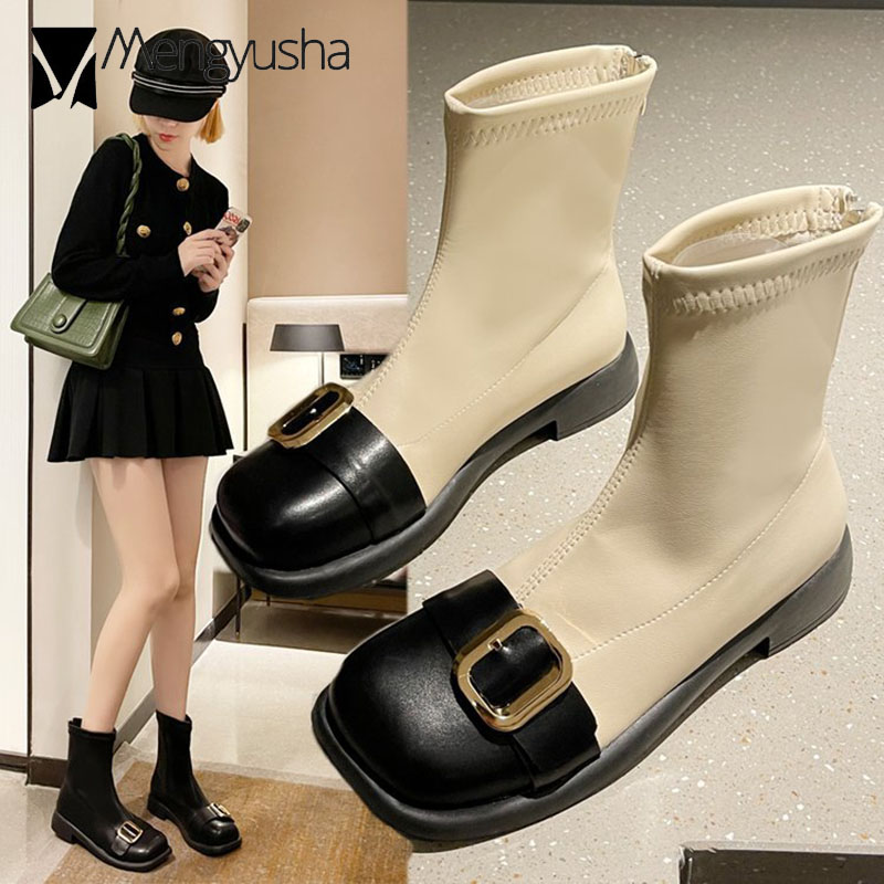 patchwork black/beige leather shoes woman buckle belt motorcycle goth bottes femme brand designer short tube boots 7c76