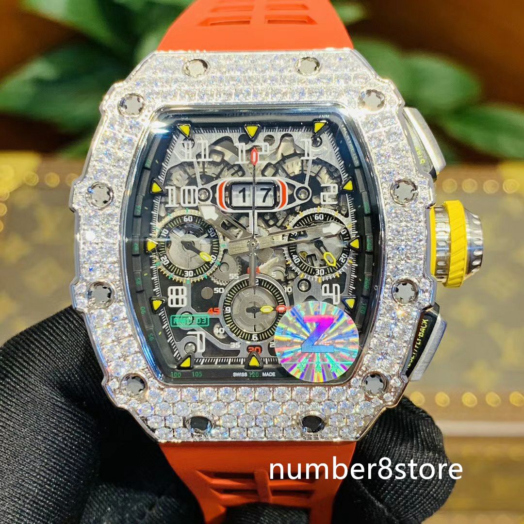 11-03 Diamond Mens Watch ETA7750 Automatic Chronograph Movment 28800vph Sapphire Crystal Luxury Wristwatch Water Resistance 12 Colors
