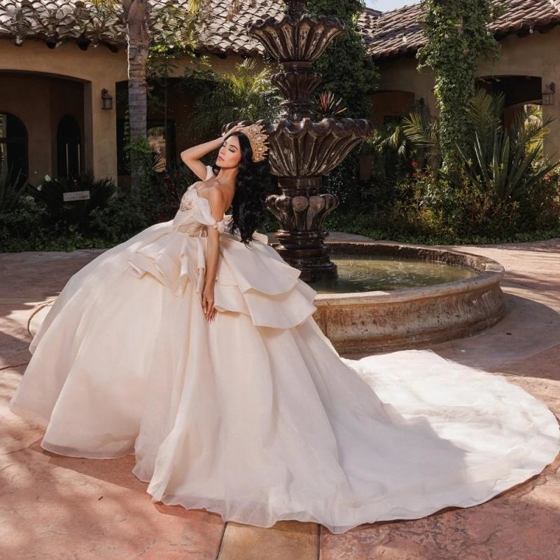 Mexican Beige Shiny Quinceanera Dress Ball Gown Off Shoulder Beaded Crystal Tiered Corset Sweet 16 Vestido De 15 Anos