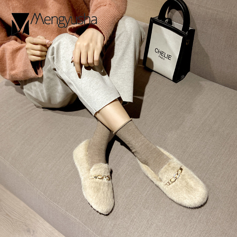 4096c Mink Winter Shoes Snow Woman Metal Chains Cotton Moccasins Female Comfy Antiskid Flats Fur Loafers Women Warm Footwear