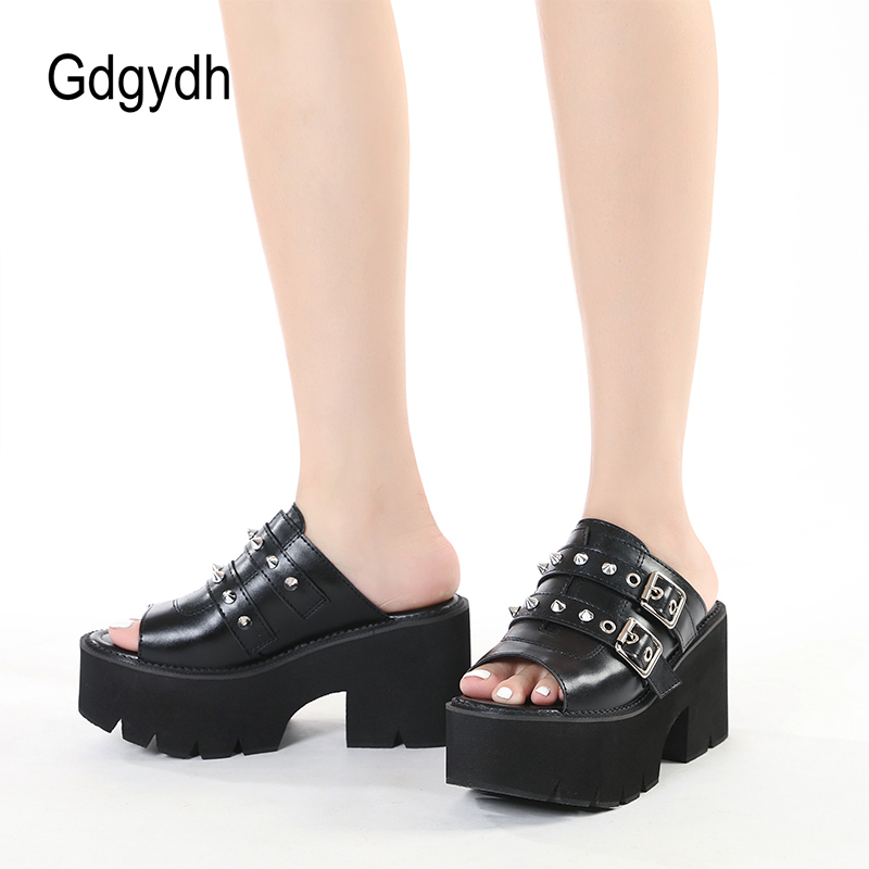 High Chunky Heels Sandals for Women Open Toe Heels Cute Slip-on Mule Shoes Slingbacks Belt Buckle Black Leather Plus Size